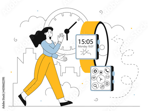 Woman with smartwatch vector line concept