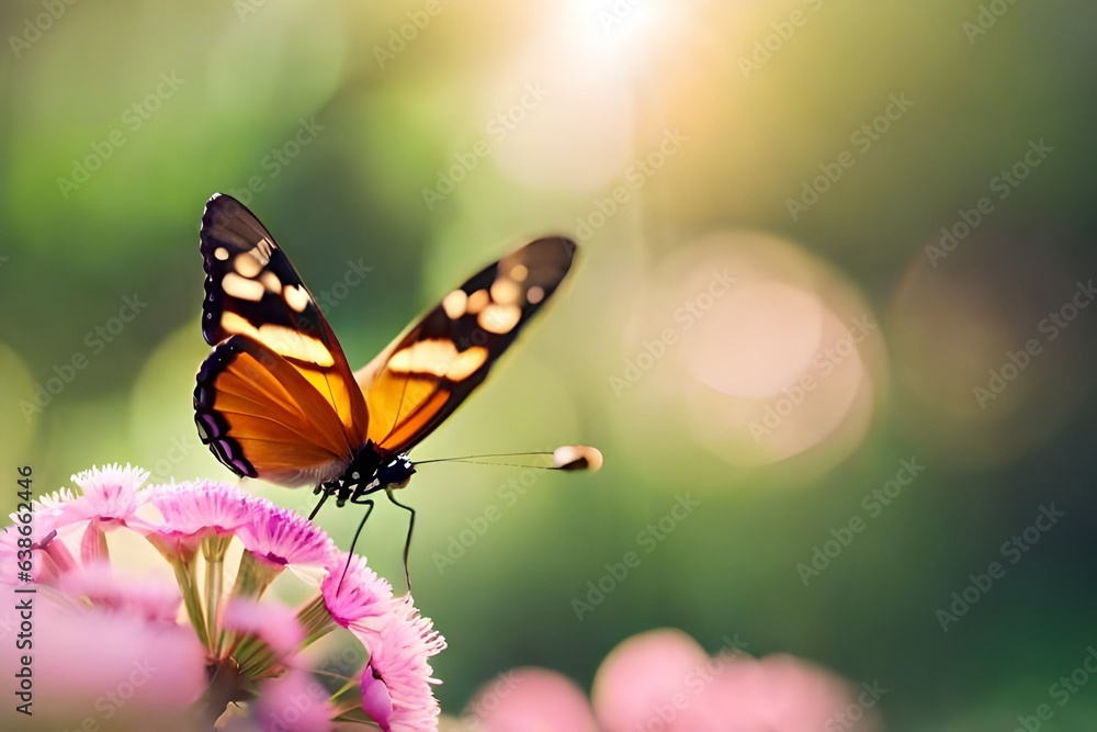 Fototapeta premium butterfly on a flower, blurred background, macro photography created with generative ai technology
