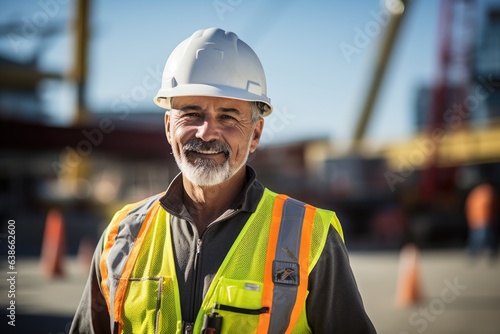 Smiling middle aged caucasian construction manager working for a construction company on a construction site