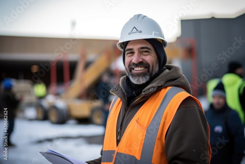 Portrait of a middle aged caucasian construction manager working for a construction company during winter on a snowy construction site