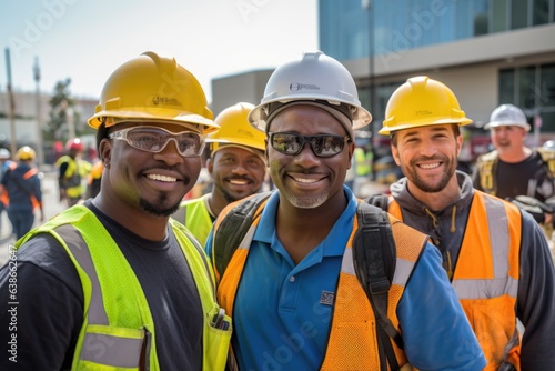 Diverse and mixed group of male constructions workers working on a construction site