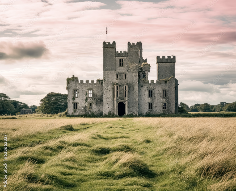 A castle is on a green hill in Ireland with trees on it, romantic ruins, castle near cliff, castle of Drogheda in Ireland on a grass field