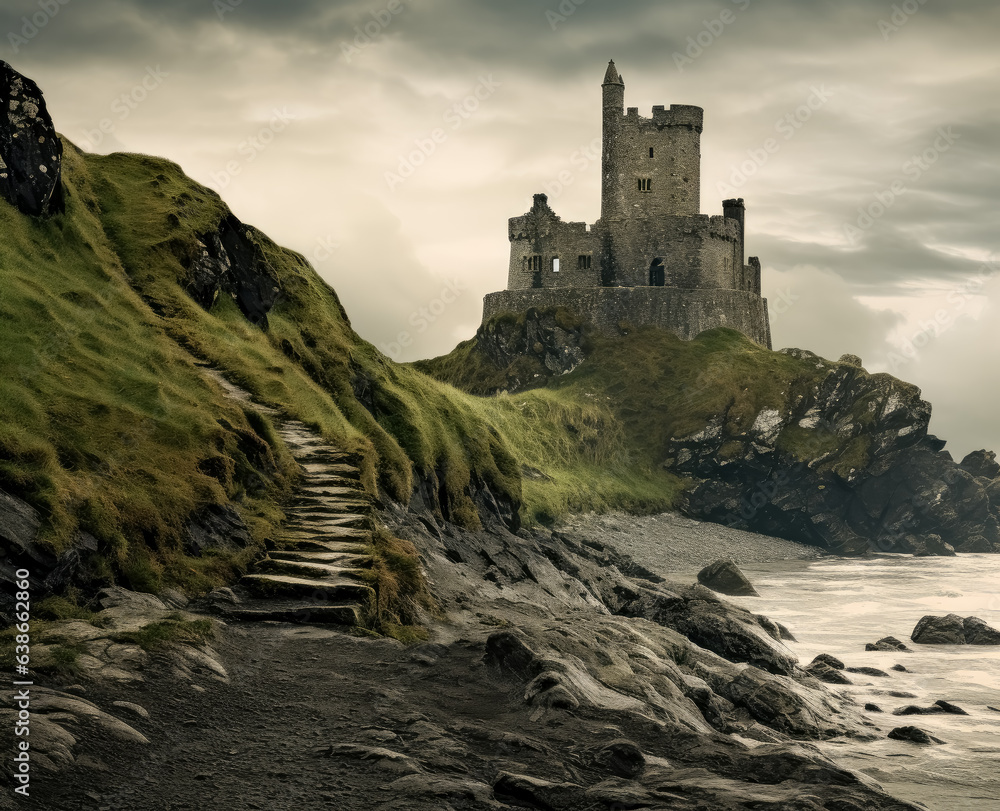 Fototapeta premium A castle is on a green hill in Ireland with trees on it, romantic ruins, castle near cliff, castle of Drogheda in Ireland on a grass field