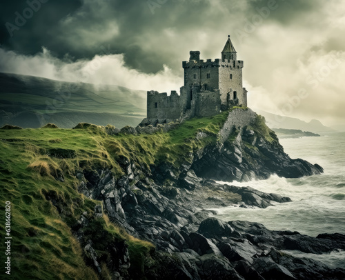 A castle is on a green hill in Ireland with trees on it, romantic ruins, castle near cliff, castle of Drogheda in Ireland on a grass field