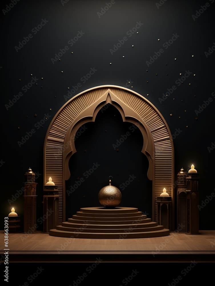 Fototapeta premium Islamic Ramadan Greeting Background with 3D Wooden Podium