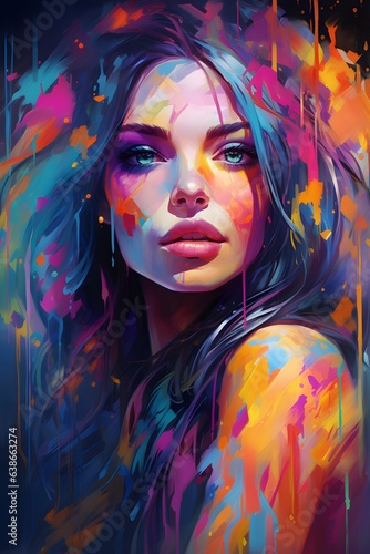 Woman portrait in a colorful skin painting, pop-culture, serene face, contrasting lights and darks, intricate