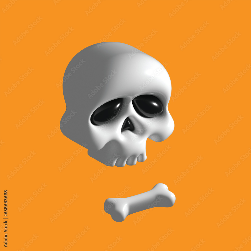 3d skull with black eyes and nose and small bone isolated on orange background. vector illustration 3d skull with black eyes and nose and small bone isolated on orange background. vector illustration