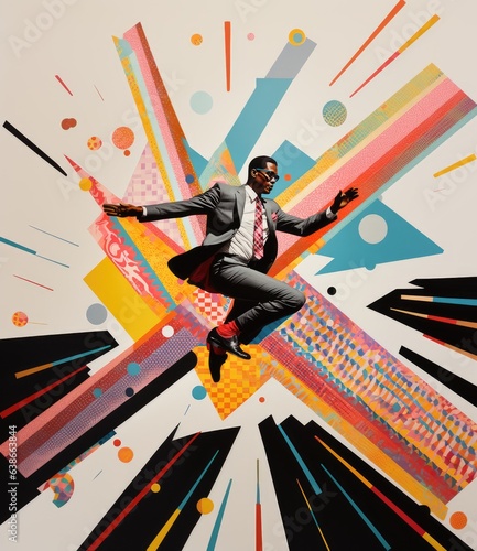 a colored design of a man in a suit flying dancing pop art photo