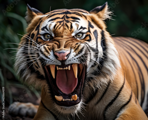 A tiger roaring with its jaw wide open. Tiger with its tongue out looking in the wild, an angry tiger roaring. © Saulo Collado