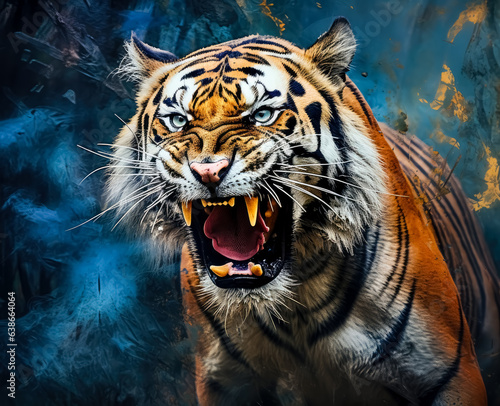 A tiger roaring with its jaw wide open. Tiger with its tongue out looking in the wild, an angry tiger roaring. © Saulo Collado