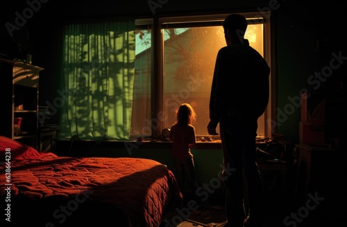 A silhouette of a man in his bedroom with a daughter