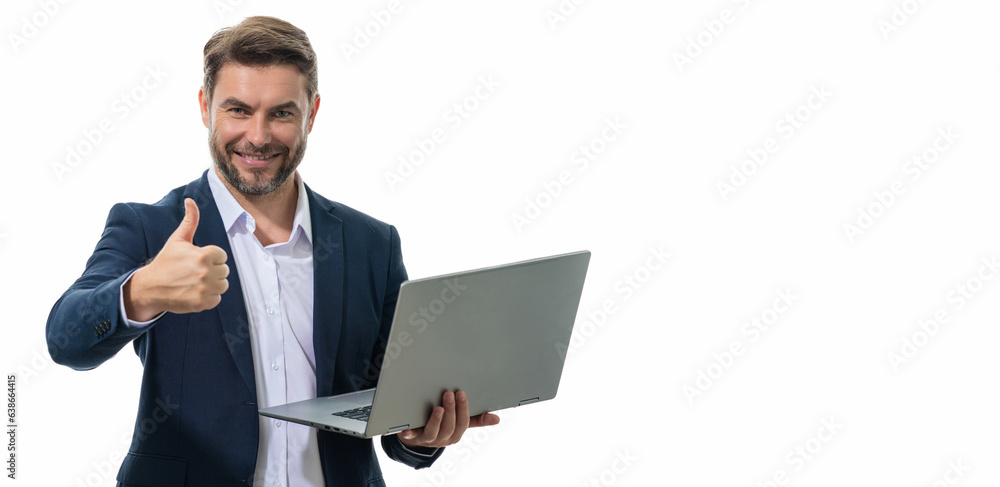 Entrepreneur working with a laptop. Business man man using laptop computer on studio background. Thoughtful caucasian businessman in eyeglasses looking at computer screen, working online. Web banner.