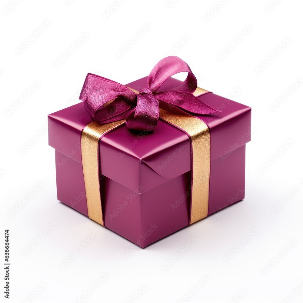 purple gift box with gold and purple ribbon isolated on a white background purple gift box with gold and purple ribbon isolated on a white background