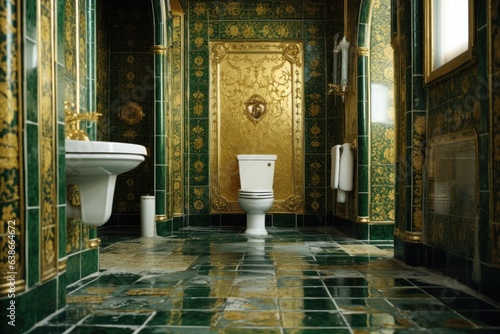 a bathroom with gold, silver, green stone tile floor