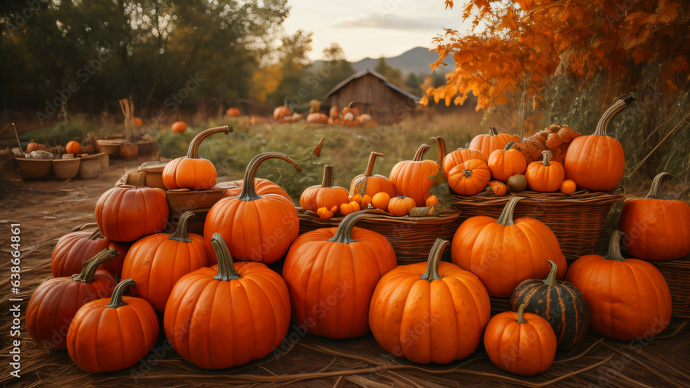 Fall background with pumpkins on a farm everywhere, on grass, with trees around.