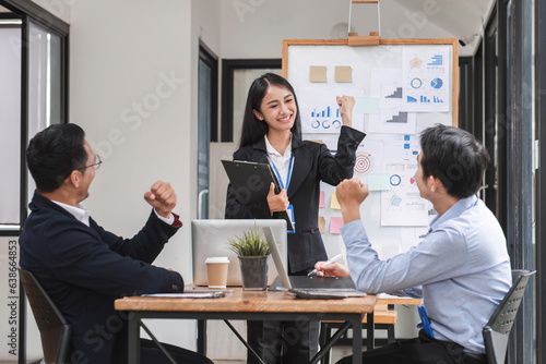 Asain business team Happy to be successful partnership teamwork achieved the desired goal