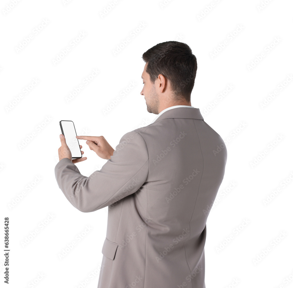 Man using smartphone with blank screen on white background, back view Man using smartphone with blank screen on white background, back view