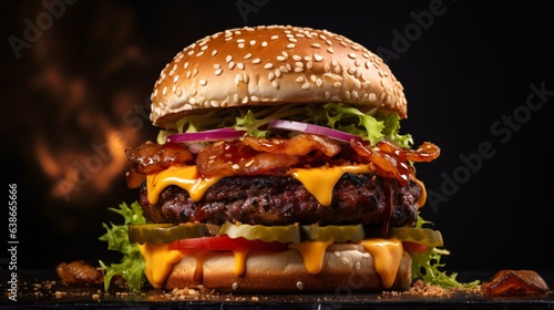 Close-up beef burger on dark background. Juicy, flavorful, and perfectly grilled, this beef burger will satisfy your cravings. Indulge in the delicious combination of tender beef patty, melted cheese.