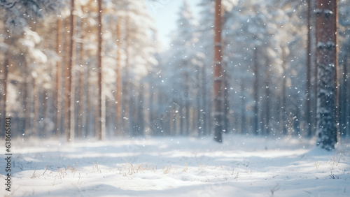blur white snow and pine woods winter background. Christmas and new year backdrop for festive seasonal decoration 