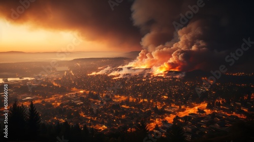 engulfed forest fires come close to the city and houses  environmental problems and disaster. 