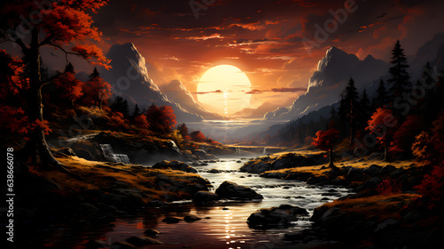 A beautiful sunset over a river. The sky is ablaze with color, from fiery reds and oranges to soft pinks and purples.
