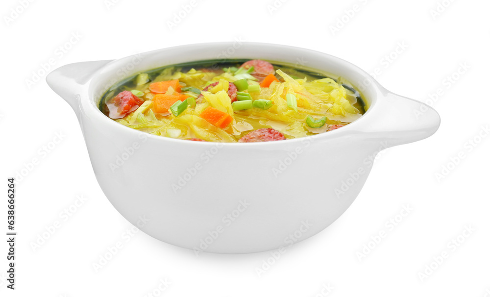 Bowl of delicious sauerkraut soup with smoked sausages and green onion isolated on white Bowl of delicious sauerkraut soup with smoked sausages and green onion isolated on white