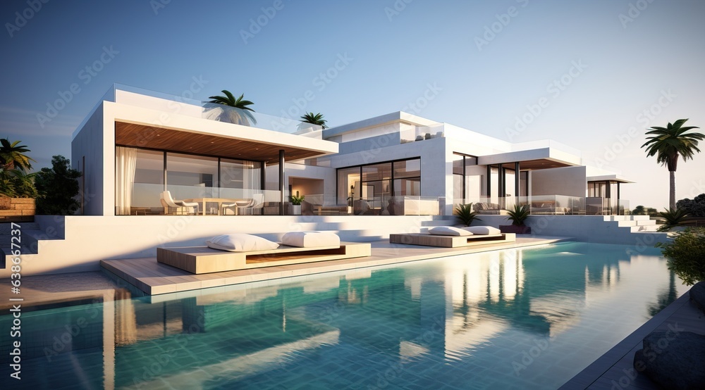 Professional Shot of an Exterior Design of a Luxurious Villa with a Relax Zone and a Pool. Professional Shot of an Exterior Design of a Luxurious Villa with a Relax Zone and a Pool.