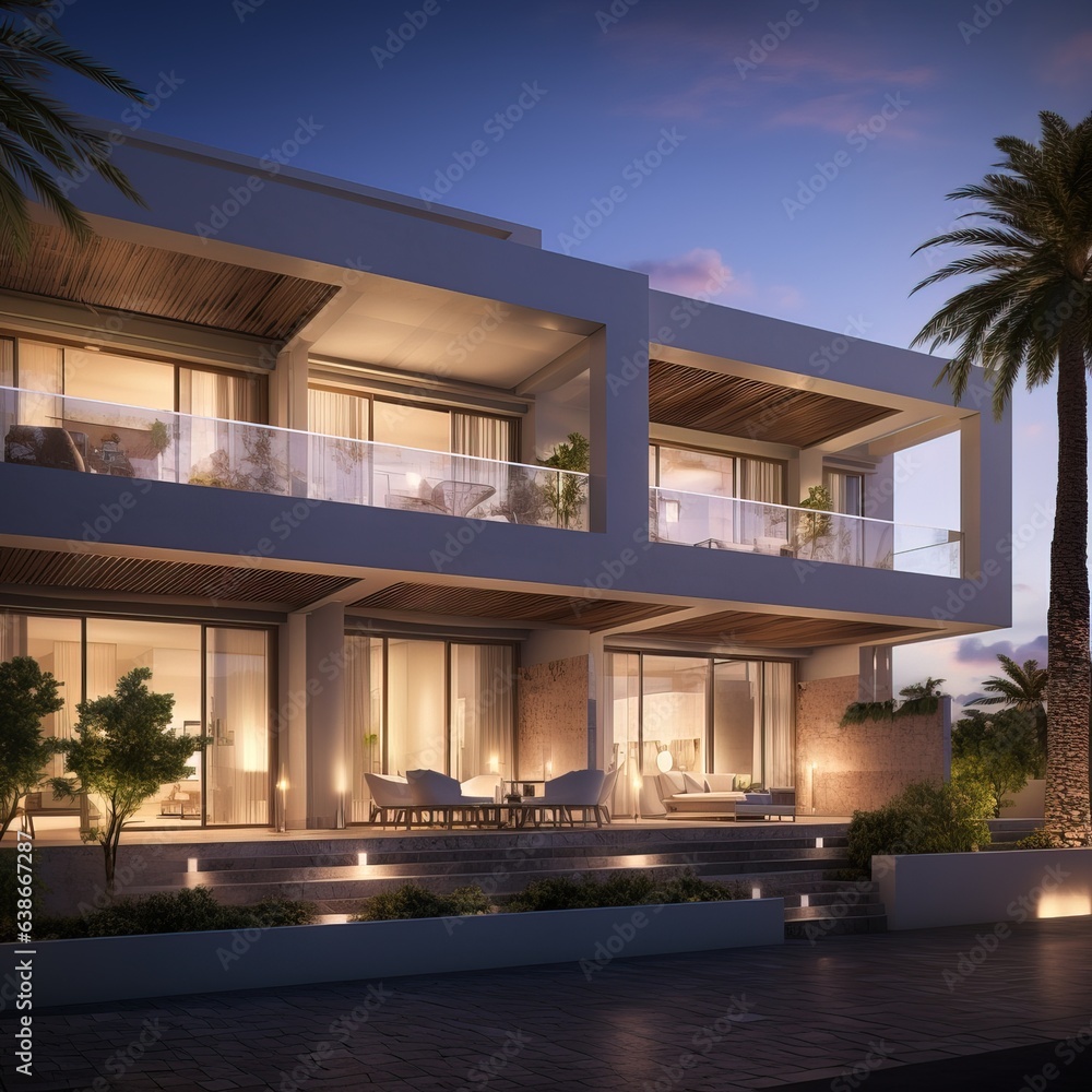 Professional Shot of an Exterior Design of a Luxurious Villa with a Relax Zone.