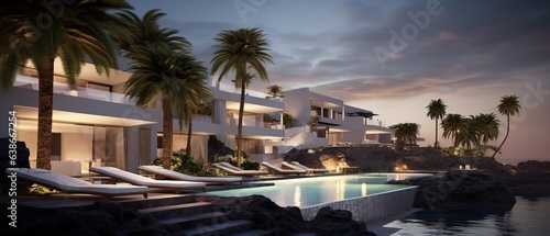 Professional Shot of an Exterior Design of a Luxurious Villa with a Relax Zone and a Pool. © Boss