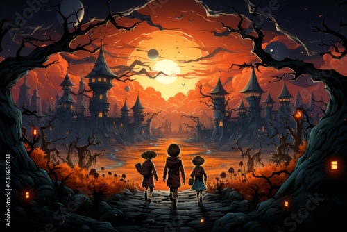 Halloween Illustration for Kids: Capturing the Magic of the Spooky Season with Playful Pumpkins, Adorable Trick-or-Treat Costumes, Friendly Ghosts, Cute Witches, and Enchanting Haunted Houses Memories