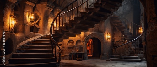 Amazing Interior Desing of an Historic Castle made of Bricks with, in the middle, a Big Spiral Stair.