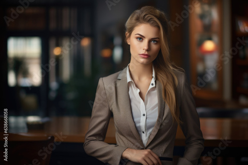 Sophisticated Professional: Captivating Portrait of a Woman, Dressed in a Sleeveless Blouse Paired with a Tailored Blazer and Trousers, Exuding Confidence and Elegance in her Office Setting