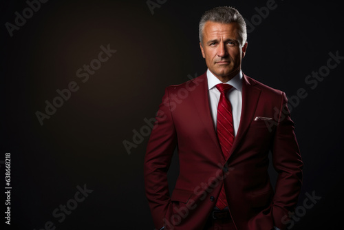 Confident and Accomplished Executive: A Distinguished Man in a Red Suit, Exuding Professionalism and Expertise, Standing Against a Simple Black Studio Backdrop © aicandy