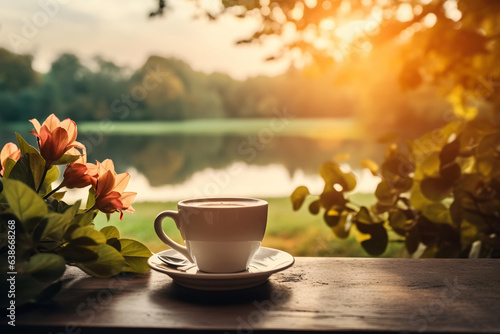 A cup of coffee in a beautiful natural setting. international coffee day concept.