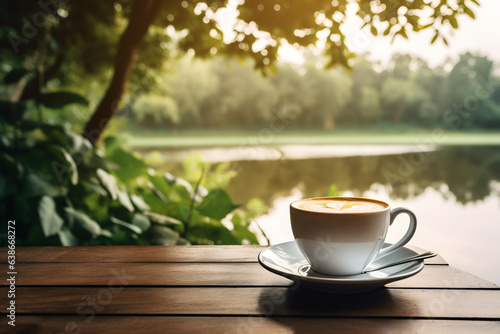 A cup of coffee in a beautiful natural setting. international coffee day concept.