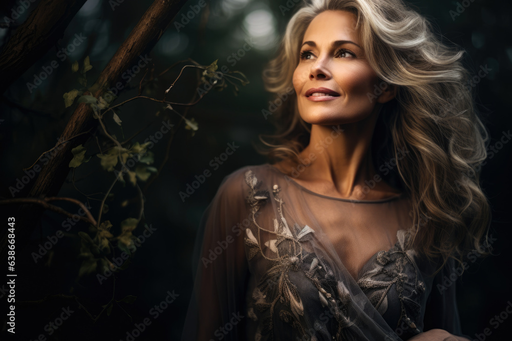 Captivating Portrait of a Serene and Wise Mature Woman Embracing the Mystical Beauty of an Enchanted Forest