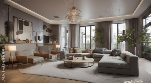 A modern living room with a variety of ornaments, windows and gray sofa