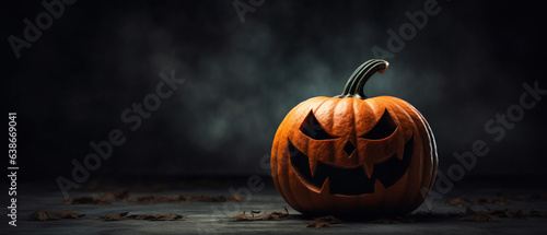 Carved out glowing orange halloween pumpkin jack o lantern on black background with copy space