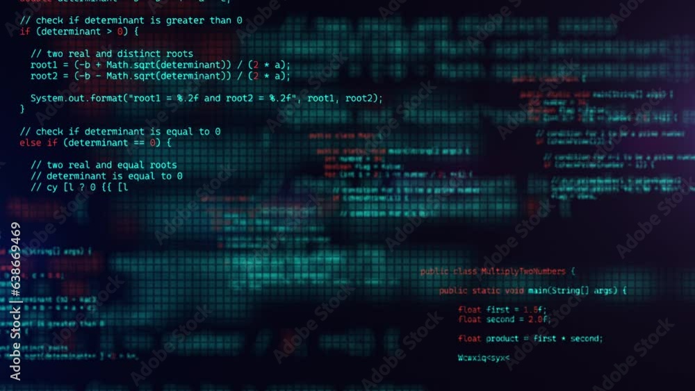 Developer working on program code. Hack or protection data. Website scripts digits and commands at computer screen. Modern hi-tech software development and blockchain concept. 3D technology background