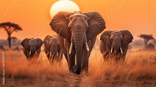 Tranquil Moment: Elephants Walking Across Dry Grass in Migration Generative AI