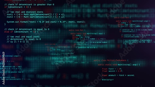 Developer working on program code. Hack or protection data. Website scripts digits and commands at computer screen. Modern hi-tech software development and blockchain concept. 3D technology background