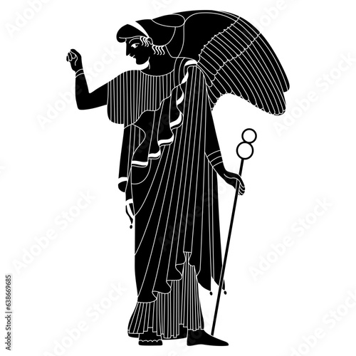 Ancient Greek goddess Nike or Victory. Standing winged woman with caduceus. Antique angel. Black and white negative silhouette.