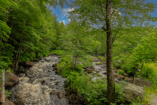 Contoocook River in New Hampshire blue skies and green foliage surrounding the water