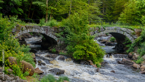 Contoocook River in New Hampshire blue skies and green foliage surrounding the water