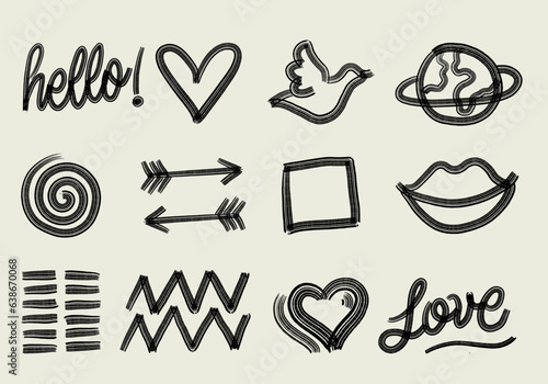 set vector illustration rustic drawing freehand shapes and figures, graphic elements, torn, brush strokes, love lettering, arrows, lips, earth, lines, grunge, spiral, scribbles