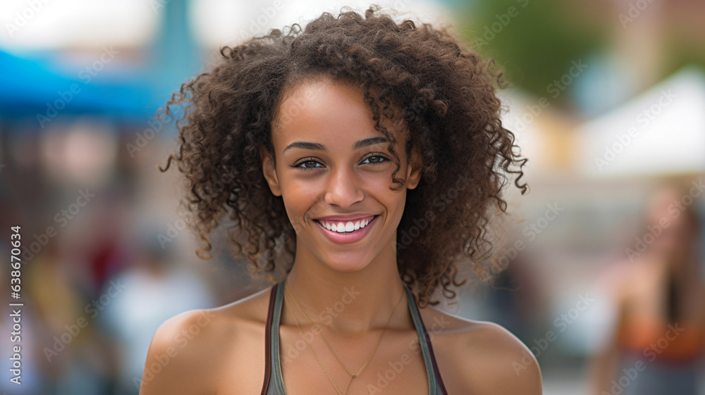 young adult woman ,slim and tanned skin tone, medium length curly hair, joyful beautiful white teeth smile, wears tank top