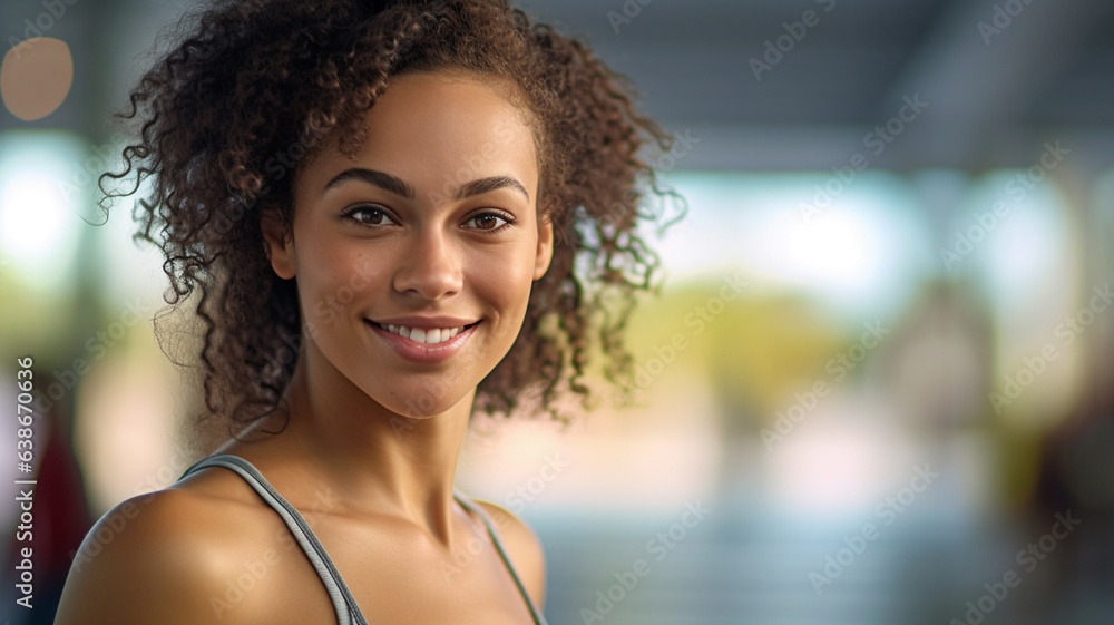 young adult woman with curly shoulder-length hair, summery temperatures, wears a tank top and looks forward with a wide