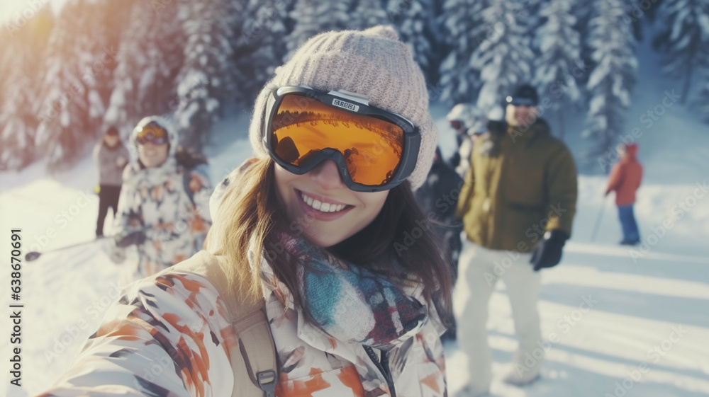 young adult woman wears winter ski goggles, stands with friends in group on mountain on snow in front of some trees, winter vacation, fictional place