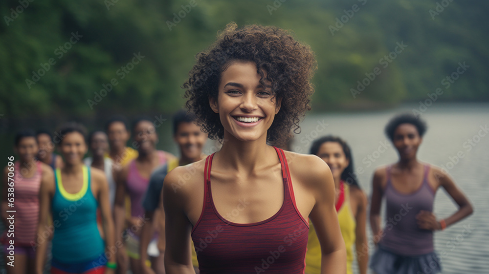 young adult woman, wears a simple tight tank top or tank top, jogged to a lake with a group of friends, running and sport and fitness in nature, enjoying simple country life and spending time together young adult woman, wears a simple tight tank top or tank top, jogged to a lake with a group of friends, running and sport and fitness in nature, enjoying simple country life and spending time together