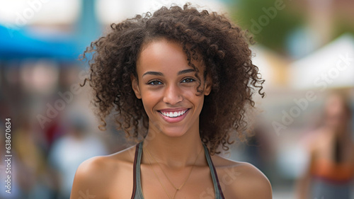 young adult woman ,slim and tanned skin tone, medium length curly hair, joyful beautiful white teeth smile, wears tank top © wetzkaz